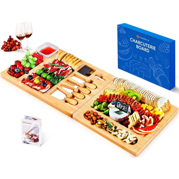 EVMORE 28" Cheese Board Set of 7, Charcuterie Serving Plate with Knife Set, Large Bamboo Cheese Board Set for House Warming Gifts New Home