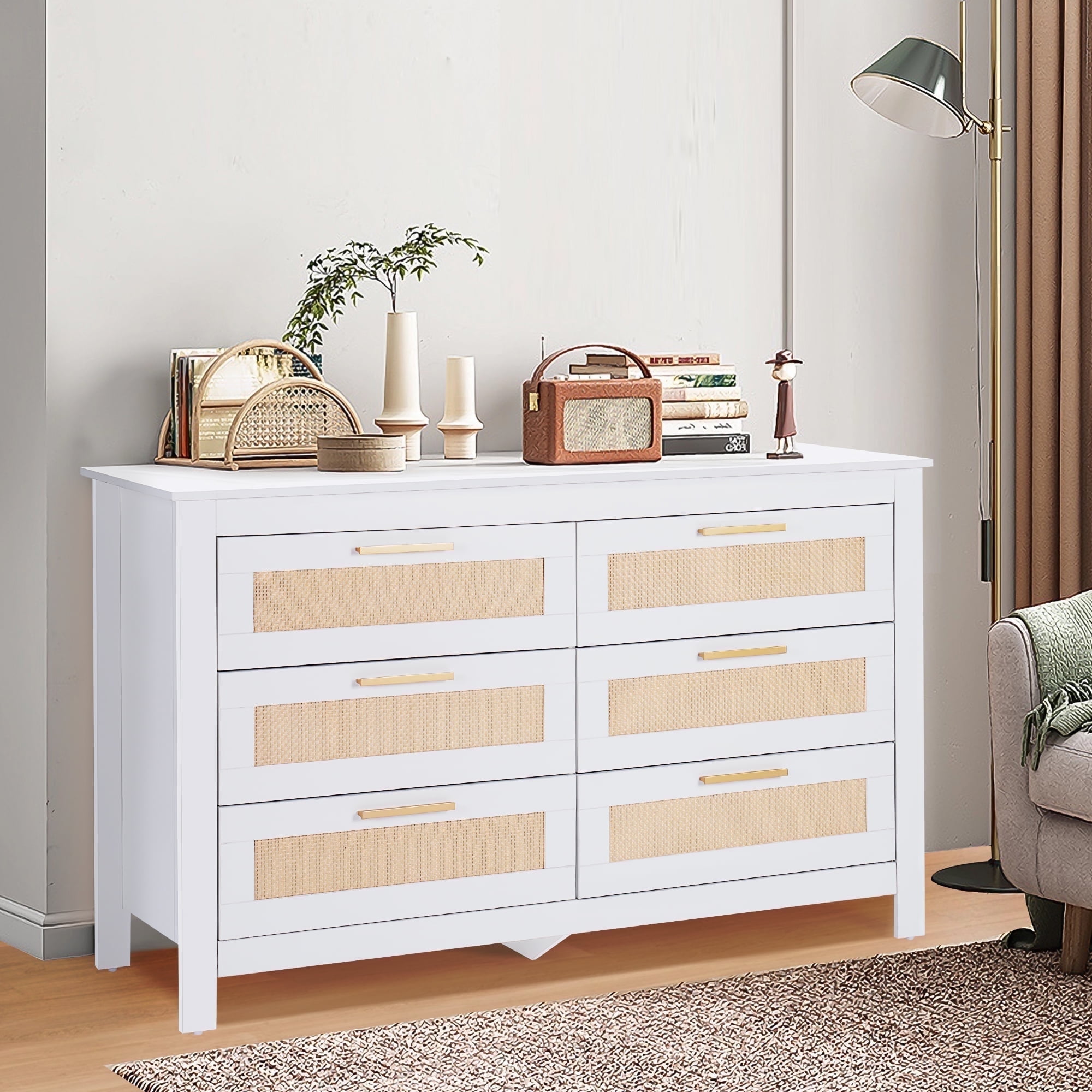 6-Drawer Rattan Dresser, EVMORE 48"W Chest of Dressers, Wooden Long Storage Cabinet Bedside Table TV Stand for Bedroom, Living Room and Entryway