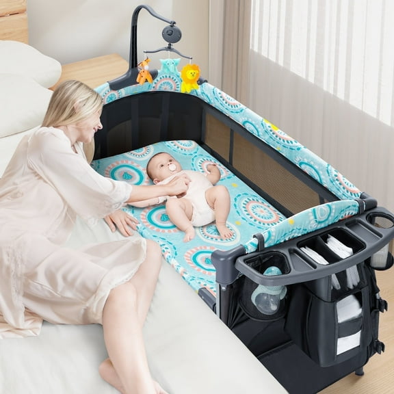 EVMORE Foldable Baby Bedside Bassinet, 5-in-1 Baby Bed Playard with Changing Table, Storage Shelf, Music for Newborn Toddlers, 0-36 Months