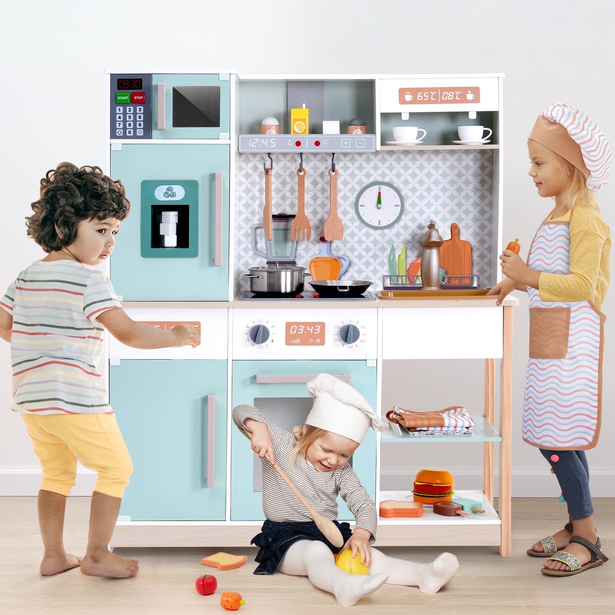 Walmart promo code:  EVMORE Kids Play Kitchen Set, Wooden Pretend Kitchen Playset with 30Pcs Accessories, Microwave, Ice Maker, Oven, Coffee Maker, Sound & Light Toys Gift for Children Boys Girls
