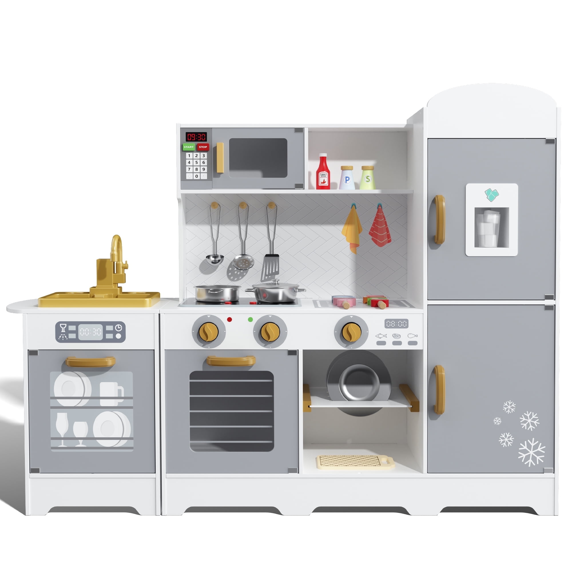 EVMORE Kids Play Kitchen Set, Wooden Pretend Kitchen Toy with Oven, Microwave, Faucet, Ice Maker, Refrigerator, Stove and Accessories, Gifts for Toddlers Children