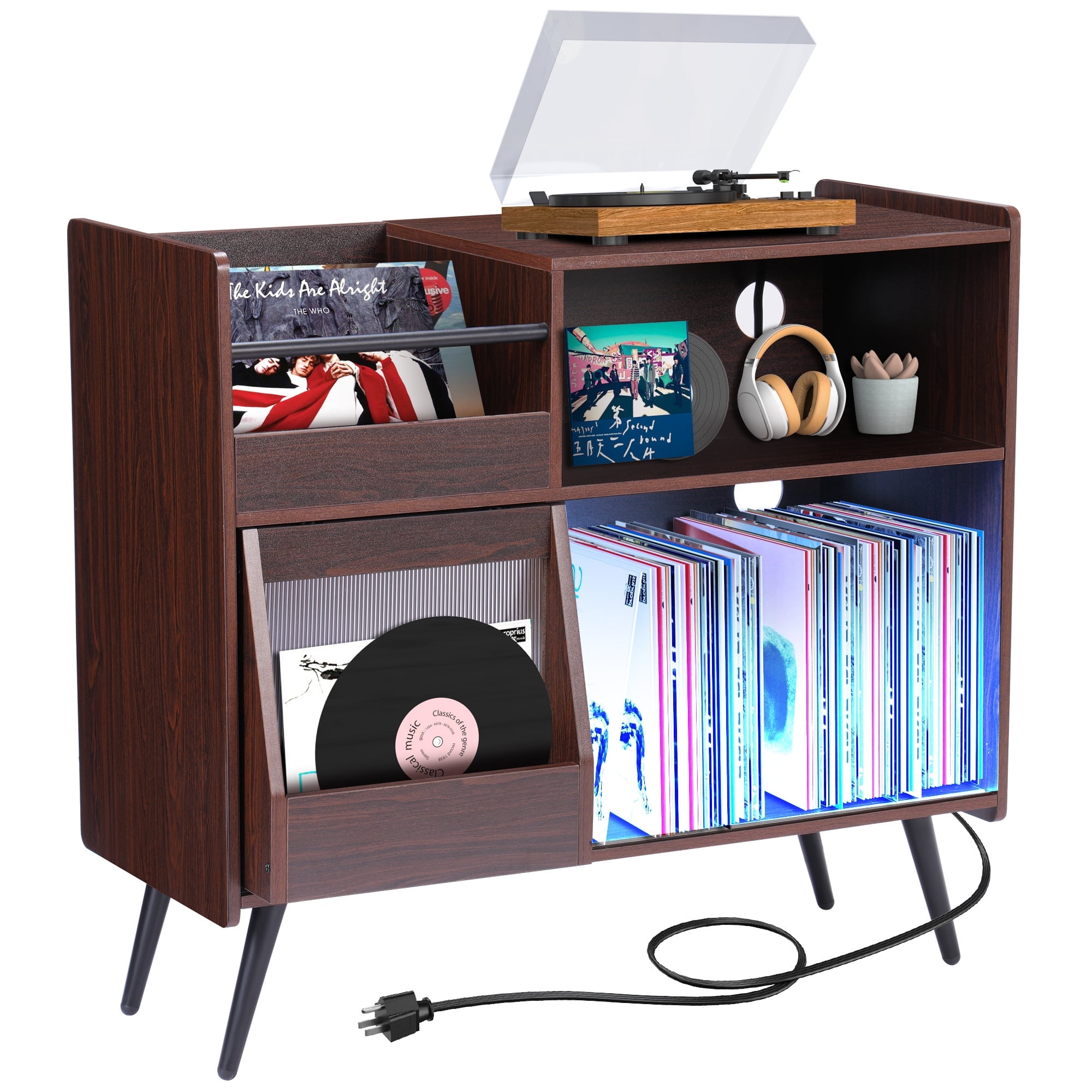 Yisufo Large Record Player Stand with Vinyl Storage, Outlet and LED ...