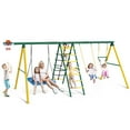 thumbnail image 1 of Metal Swing Set for Backyard, YISUFO Heavy Duty Outdoor Playground Playset with 2 Swings, Trapeze Bar & Basketball Hoop for Kids Children Aged 3+, 1 of 8