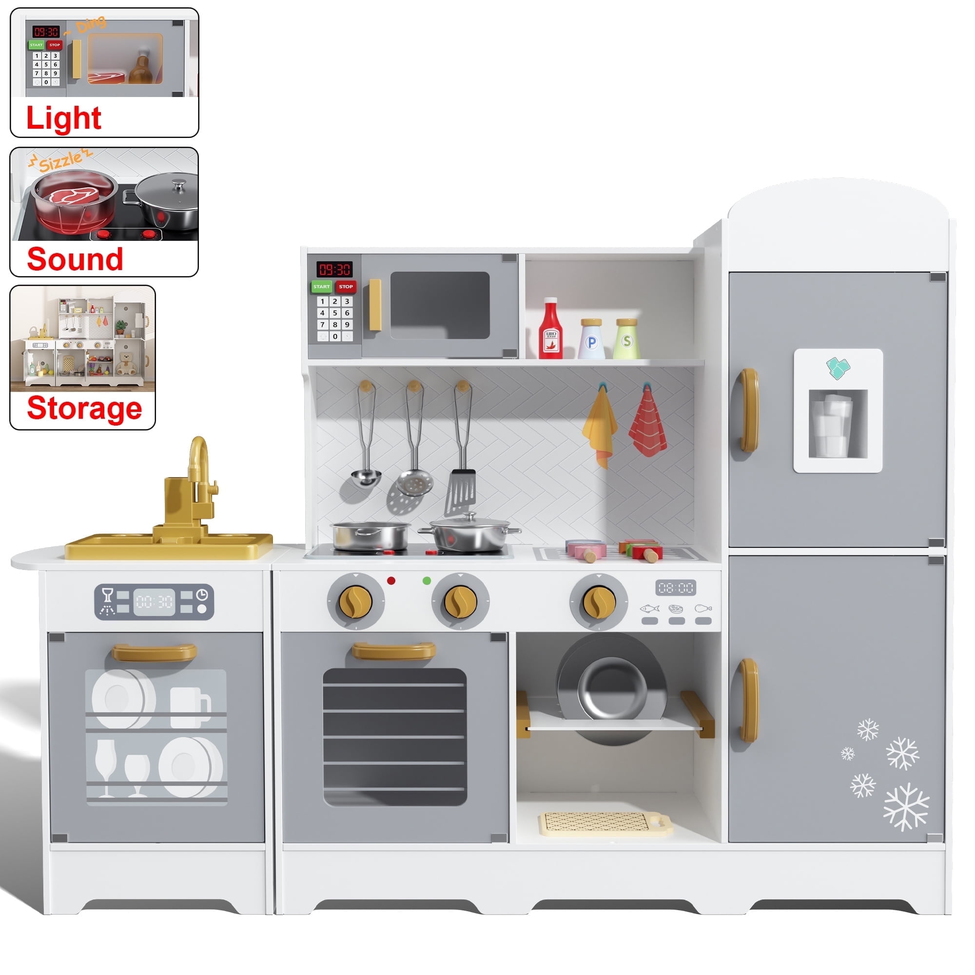 EVMORE Kids Play Kitchen Set, Wooden Pretend Kitchen Toy with Oven, Microwave, Faucet, Ice Maker, Refrigerator, Stove and Accessories, Gifts for Toddlers Children