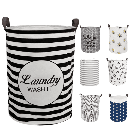 Sortora Large Laundry Hamper, Waterproof Canvas Laundry Basket, Collapsible Storage Basket Bin for Kids Room, Toy Organizer, Nursery Hamper, Clothes Hamper, Black Stripe