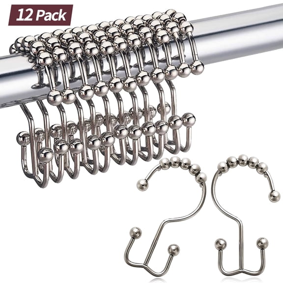 EVNELE Shower Curtain Hooks Rings, Double Sided Stainless Steel Shower Hooks Rust Proof for Bathroom Shower Rods Curtain, Set of 12, Nickel
