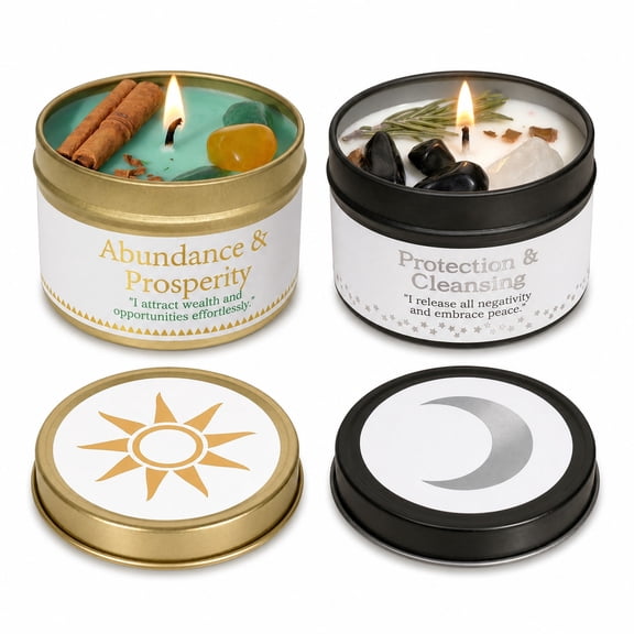 EVODUCK 2 Pack Abundance + Protection Botanical Crystal Intention Candles, Citrine + Black Tourmaline, Soy Wax, 3 oz Each