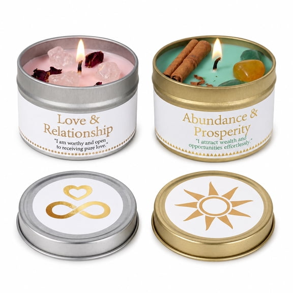 EVODUCK 2 Pack Love + Abundance Botanical Crystal Intention Candles, Rose Quartz + Citrine, Soy Wax, 3 oz Each