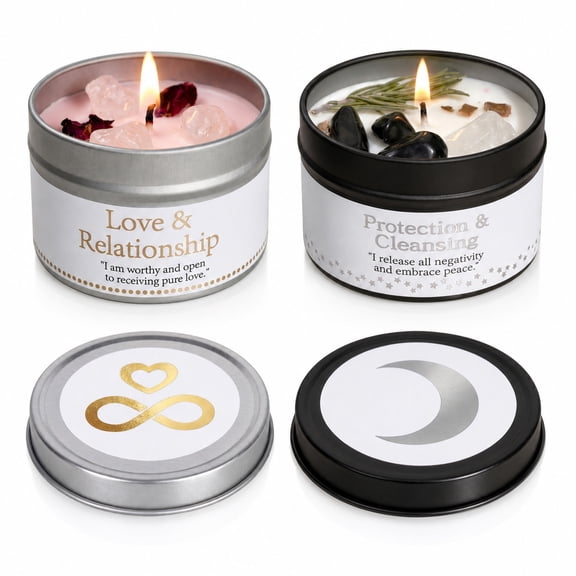 EVODUCK 2 Pack Love + Protection Botanical Crystal Intention Candles, Rose Quartz + Black Tourmaline, Soy Wax, 3 oz Each