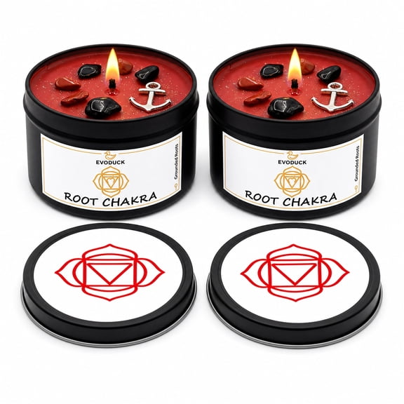 EVODUCK 2 Pack Root Chakra Healing Candles with Red Jasper & Black Obsidian, Patchouli Soy Wax, Positive Energy, 3 oz Each