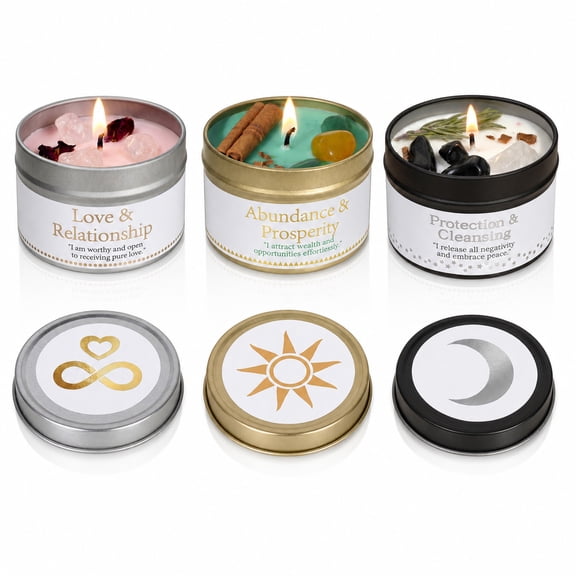 EVODUCK 3 Pack Love, Abundance + Protection Botanical Crystal Intention Candles, Soy Wax, 3 oz Each