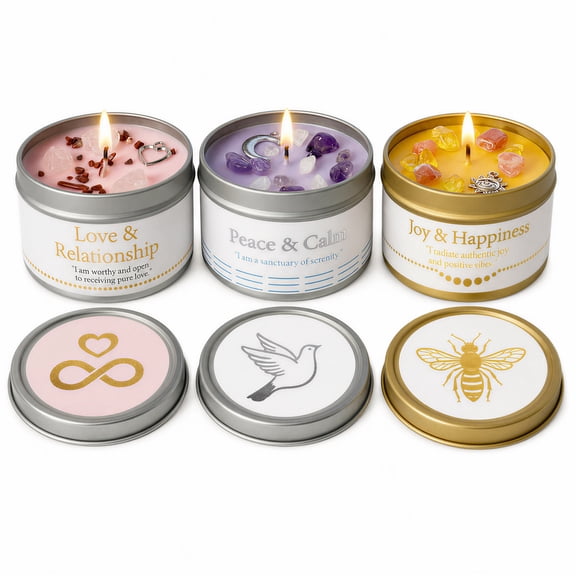 EVODUCK 3 Pack Love Peace Joy Crystal Candle Set, Soy Scented Self Care Gift