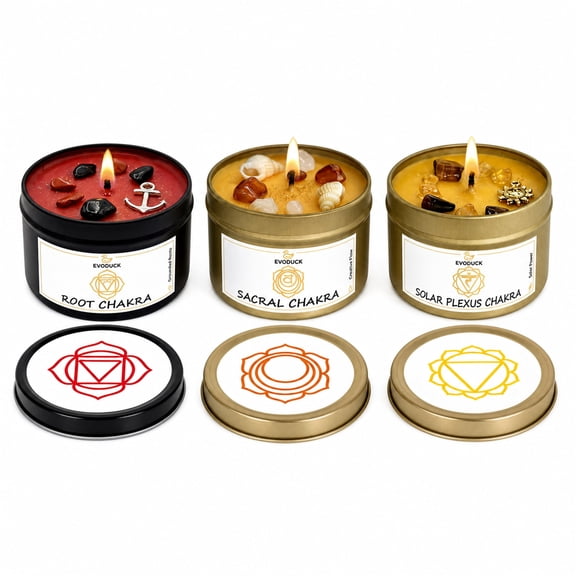 EVODUCK 3 Pack Lower Chakra Healing Candle Set with Crystals for Balance Chakras & Positive Energy, Aromatherapy Soy Wax, 3 oz Each
