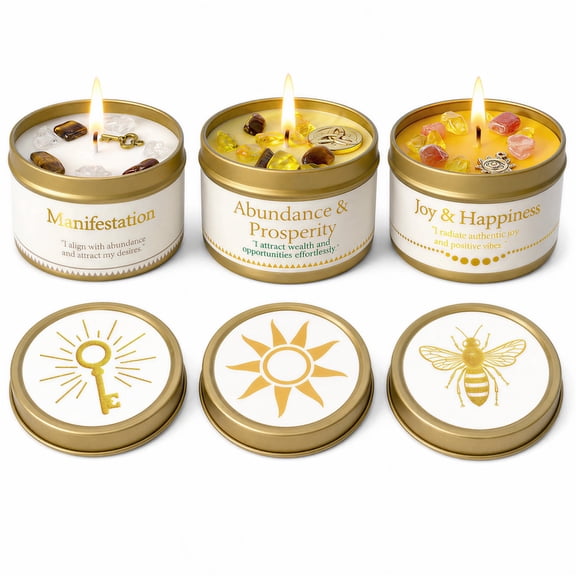 EVODUCK 3 Pack Manifestation Abundance Joy Crystal Candle Set, Soy Scented Gift Set