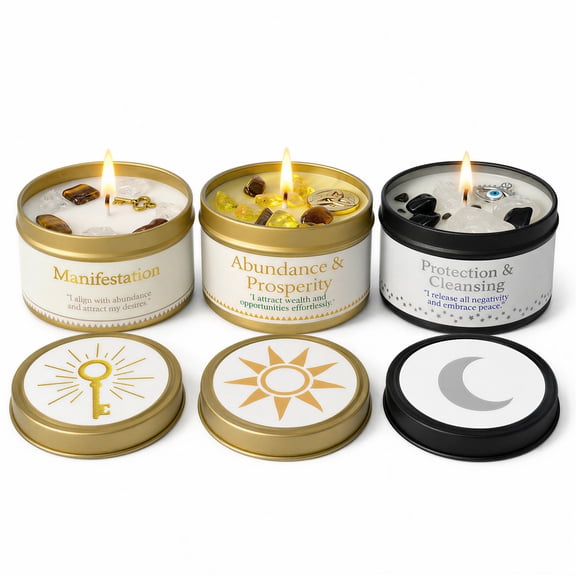 EVODUCK 3 Pack Manifestation Abundance Protection Crystal Candle Set, Soy Gift Set
