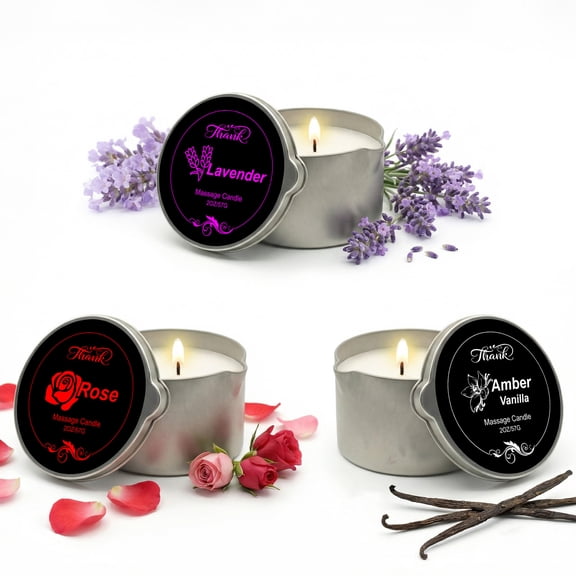 EVODUCK 3 Pack Massage Oil Candle Gift Set, 2oz Soy Wax Scented Candles for Home Spa, Amber Vanilla Rose Lavender