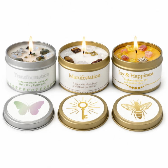 EVODUCK 3 Pack New Beginnings Manifestation Joy Crystal Candle Set, Soy Gift Set
