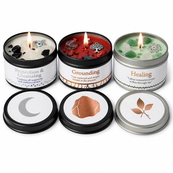 EVODUCK 3 Pack Protection Grounding Healing Crystal Candle Set, Soy Scented Gift Set