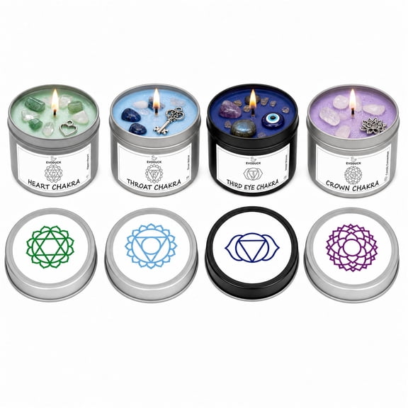 EVODUCK 4 Pack Upper Chakra Healing Candle Set with Crystals for Meditation & Positive Energy, Aromatherapy Soy Wax, 3 oz Each
