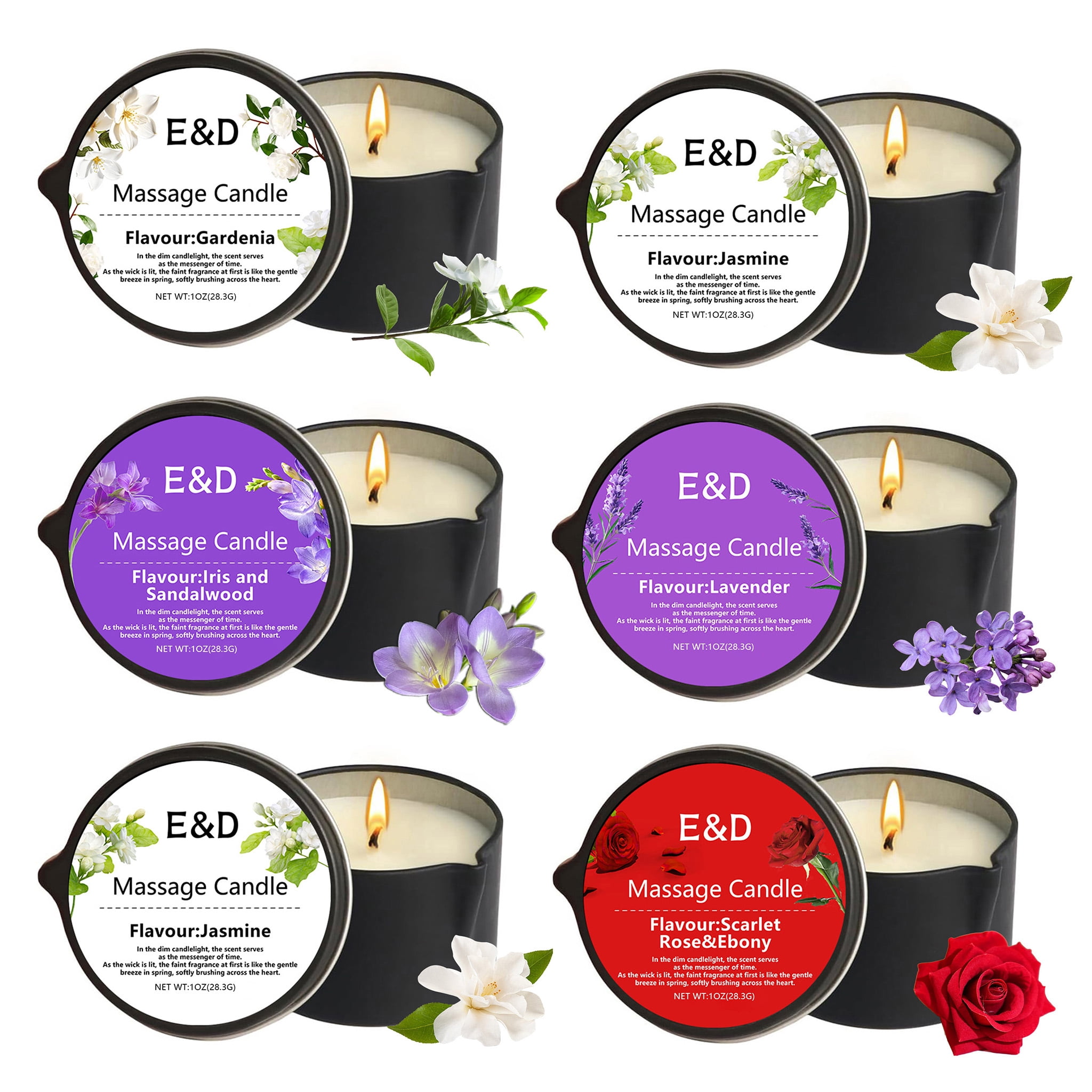 EVODUCK 6 Pack Mini Massage Oil Candle Gift Set, 1oz Soy Wax Scented Candles for Home Spa, Jasmine Rose Lavender Gardenia