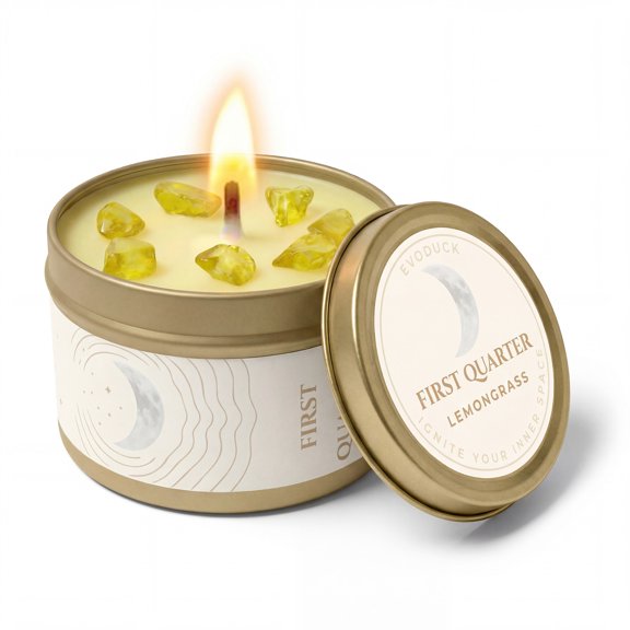 EVODUCK First Quarter Moon Phase Spiritual Candle Citrine Crystals Lemongrass 3oz Soy Wax for Meditation