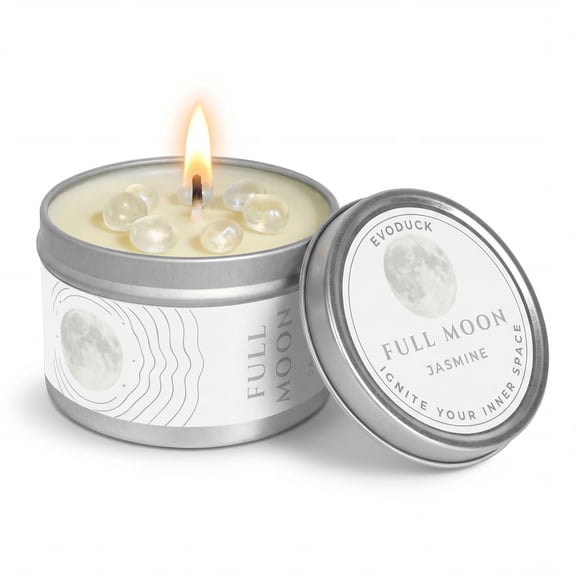 EVODUCK Full Moon Candle, Jasmine, Moonstone Crystal, 1-Wick Manifestation Soy Wax, Gift for Women, 3oz