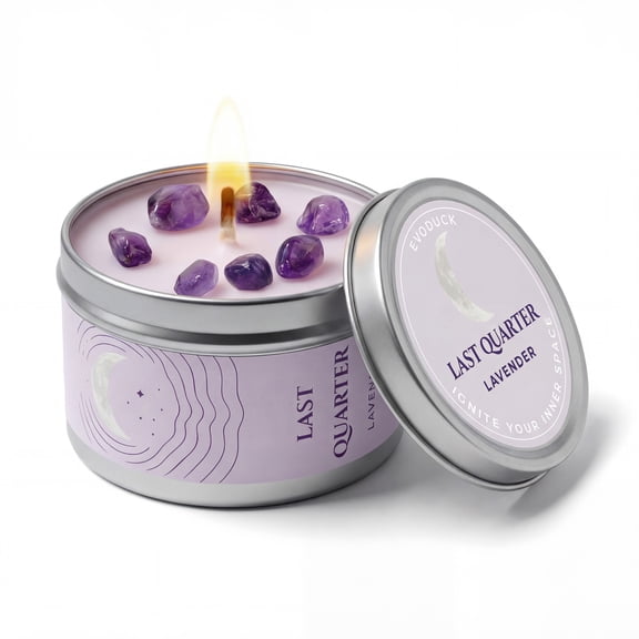 EVODUCK Last Quarter Moon Phase Spiritual Candle Amethyst Crystals Lavender 3oz Soy Wax Meditation