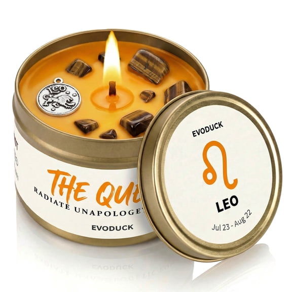 EVODUCK Leo Zodiac Candle, Cedarwood Bergamot, Tiger's Eye Crystal, 1-Wick Soy Wax, Birthday Gift for Women, 3oz