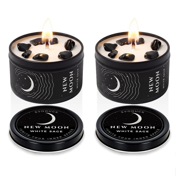 EVODUCK New Moon Candle, White Sage, Obsidian Crystal, 1-Wick Spiritual Cleansing Soy Wax, Gift for Women, Set of 2, 2 x 3oz