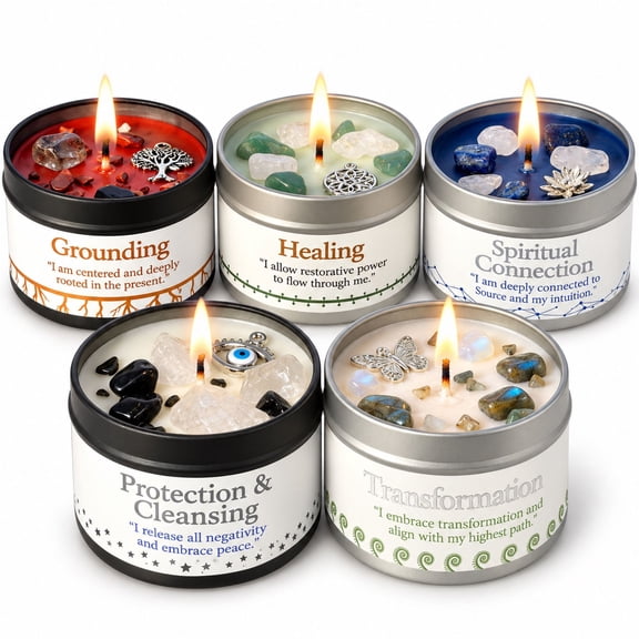 EVODUCK Protection Spiritual Intention Candles Gift Set with Crystals & Charms, 5 Soy Wax Candles, 3 oz Each