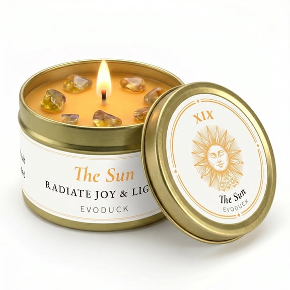 EVODUCK The Sun Tarot Candle, Citrine Crystal, Cinnamon Grapefruit Scented Soy Wax, 3 oz