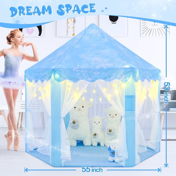 EVOIONOS tent for Girls Age 4-7,  Princess Tent with Snowflake Lights, Kids Play Tent for Girls Indoor, Princess Castle Playhouse Tent for Toddlers, Blue Toy Tent 55x53 inch