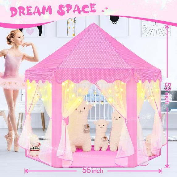 EVOIONOS Pink Princess Tent for Girls Age 4-7, Girls Tent with Star Lights, Kids Play Tent for Girls Indoor, Princess Castle Playhouse Tent for Toddlers, Princess Toy Tent 55x53 inch