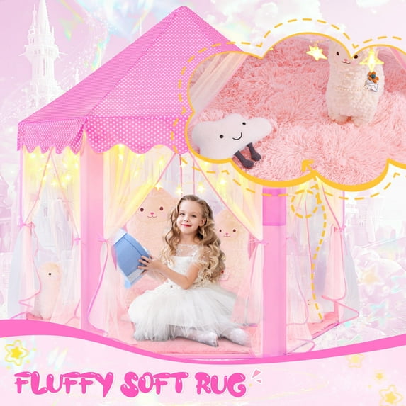 EVOIONOS Princess Tent with Lights and Rug, Princess Tent for Girls Age 4-7, Kids Play Tent for Girls Indoor, Princess Castle Playhouse Tent for Toddlers, Pink Princess Toy Tent 55x53 inch