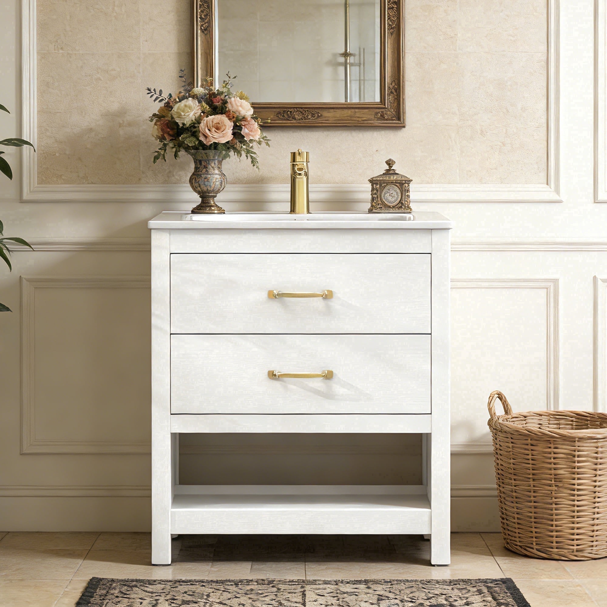 EVOKEDEN 24” Bathroom Vanity with Sink, Modern Bathroom Cabinet Set with LED Light for Small Space, 2 Soft-Close Drawers with Organizer, White