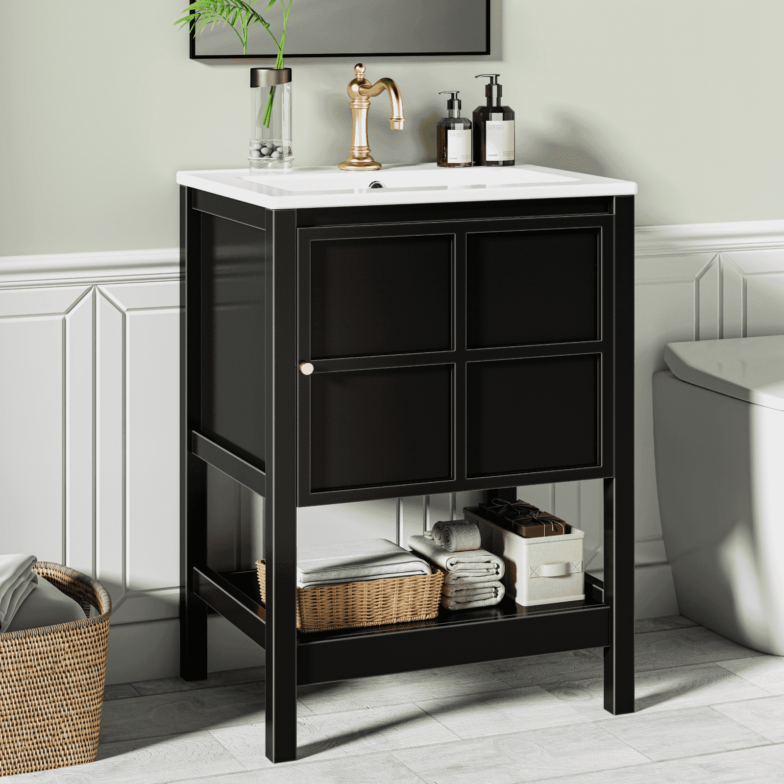 EVOKEDEN 24" Bathroom Vanity with Sink, Small Farmhouse Freestanding Bathroom Cabinet Combo Set, Soft Closing Door and Open Storage Shelf, Black