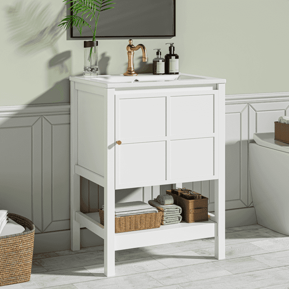 EVOKEDEN 24" Bathroom Vanity with Sink, Small Farmhouse Freestanding Bathroom Cabinet Combo Set, Soft Closing Door and Open Storage Shelf, White