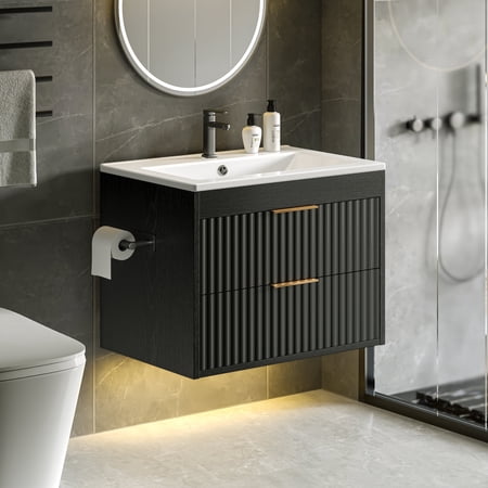 EVOKEDEN 24” Floating Bathroom Vanity with Sink, Wall-Mounted Vanity with 2 Drawers & LED Light, Black