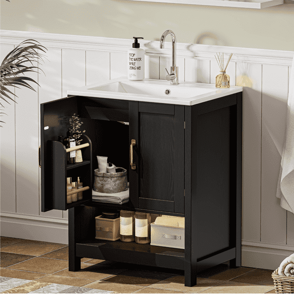 EVOKEDEN 24" Bathroom Vanity with Sink, Freestanding Modern Cabinet Vanity with LED Light, 2 Soft Closing Cabinet Door with Organizer, Black