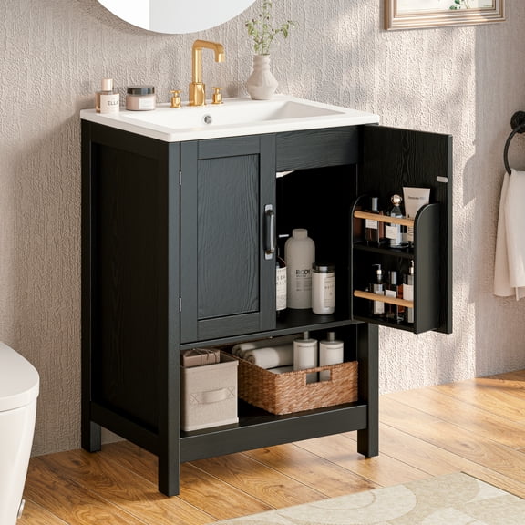 EVOKEDEN 24" Bathroom Vanity with Sink, Freestanding Modern Cabinet Vanity with LED Light, 2 Soft Closing Cabinet Door with Organizer, Black
