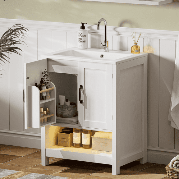 EVOKEDEN 24" Bathroom Vanity with Sink, Freestanding Modern Cabinet Vanity with LED Light, 2 Soft Closing Cabinet Door with Organizer, White