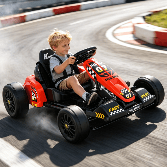 EVOKEDEN 24V Electric Go Kart, Drift Racing Kart with Adjustable Seat & Bluetooth, Ride On Toy for Kids 6-12, Red