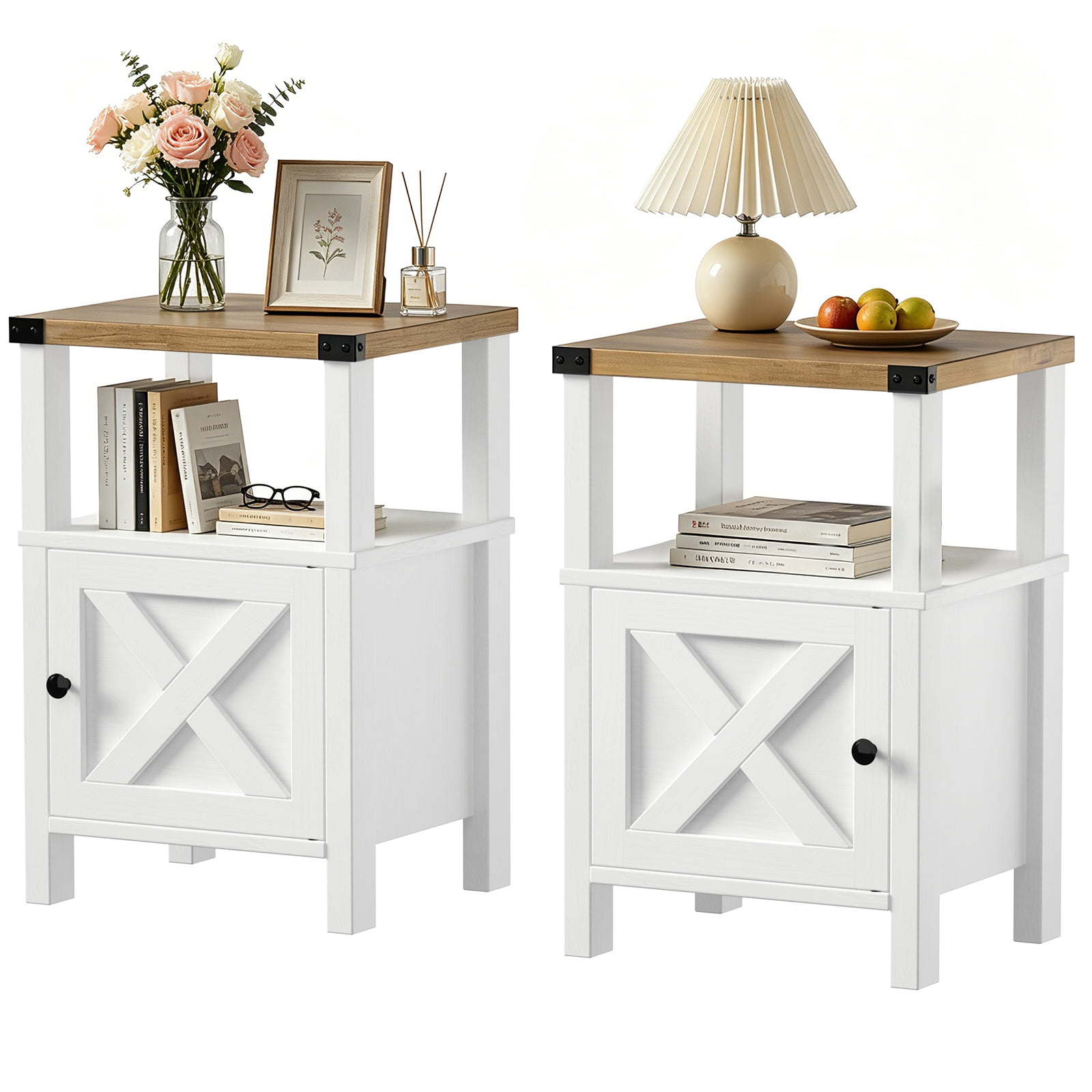 EVOKEDEN 2PCS Farmhouse Nightstands, Sofa Side End Table w/ Storage & Barn Door for Bedroom Living Room White