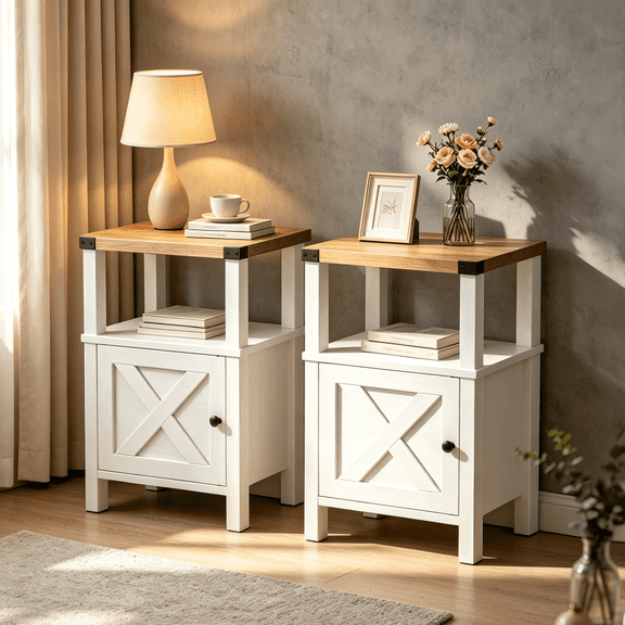EVOKEDEN 2PCS Farmhouse Nightstands, Sofa Side End Table w/ Storage & Barn Door for Bedroom Living Room White