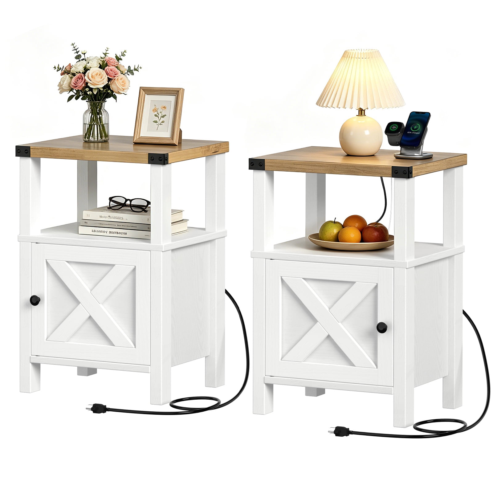 EVOKEDEN 2PCS Farmhouse Nightstands w/ Charging Station & Storage, Wood Side Table w/ Barn Door for Bedroom Living Room, White