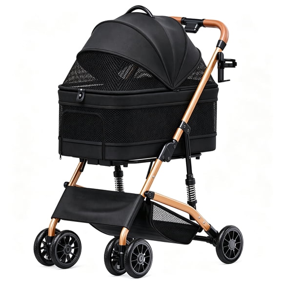 TIMHAKA 3-in-1 Foldable Pet Stroller for Dogs & Cats, Detachable Carrier with Wheels, Black