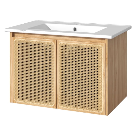 EVOKEDEN 30" Bathroom Vanity Cabinet w/ Sink Combo Farmhouse Storage Vanities w/ 2 Soft-Closing Rattan Woven Door Bamboo