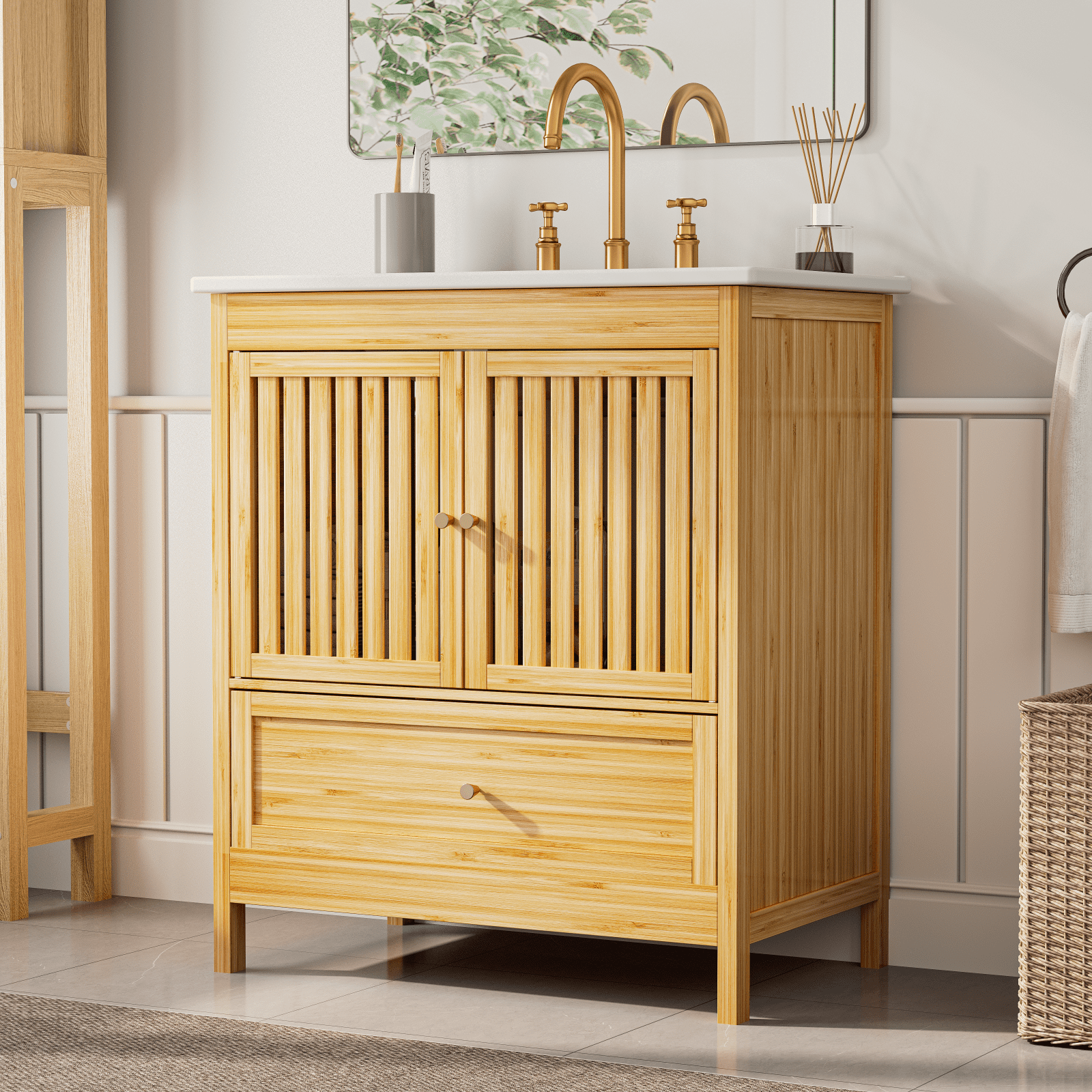 EVOKEDEN 30" Bathroom Vanity w/ Single Sink, Farmhouse Bamboo Storage Cabinet w/ Large Drawer & Built-in Shelves