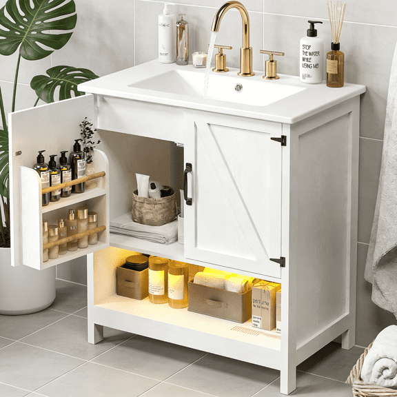 EVOKEDEN 30" Bathroom Vanity w/ Ceramic Sink & LED Light, Freestanding Storage Cabinet w/ Organizer, White