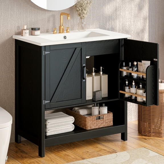 EVOKEDEN 30" Bathroom Vanity w/ Ceramic Sink & LED Light, Freestanding Storage Cabinet w/ Organizer, Black